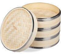 Cuiseur vapeur en bambou 24 cm, 3 étages, bord métallique, style asiatique, naturel