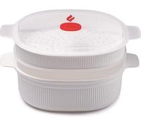 Cuiseur vapeur pour micro-ondes avec 2 récipients de cuisson, 4 L, bac à vapeur avec couvercle coulissant adapté au micro-ondes, 26,5 x 22 x 13,5 cm, couleurs : blanc et rouge.