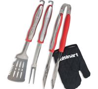Cuisinart Ensemble 3 Outils BBQ avec Gant | Spatule, Fourchette, Pinces en Acier Inoxydable à Long Manche | Gant résistant à la Chaleur Inclus (Noir) (Rouge EU)
