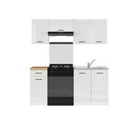 Cuisine complète 180 cm - -,Ensemble de meuble de cuisine coloris Blanc/Craie brillant, plan de travail coloris Chêne doré inclus - PEGANE -