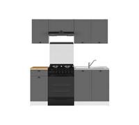 Cuisine complète 180 cm, Ensemble de meuble de cuisine coloris gris graphite/blanc, plan de travail coloris Chêne doré inclus - -