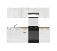 Cuisine complète 240 cm, Ensemble de meuble de cuisine coloris blanc/Craie brillant, plan de travail coloris Chêne doré inclus - -