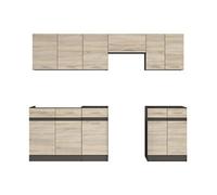 Cuisine complète 240 cm, Ensemble de meuble de cuisine coloris chêne Sonoma/Marron, plan de travail inclus - -