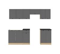 Cuisine complète 240 cm, Ensemble de meuble de cuisine coloris Gris graphite/Chêne graphite, plan de travail noir inclus - -