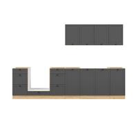 Cuisine complète 300 cm, Ensemble de meuble de cuisine coloris Gris graphite/Chêne bernstien, plan de travail non inclus - -