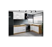 Cuisine complète d'angle - Mélaminé chêne Lancelot et gris matera - 270 x 150 cm - Plan de travail non inclus