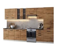 Cuisine complète Jolly BOIS chêne 320 cm avec colonne et vitrine 8 éléments