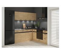 Cuisine d'angle complète 200x200 cm Meubles de cuisine modulables coloris Chêne bernstein, plan de travail Noir inclus - -