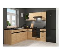Cuisine d'angle complète 200x220 cm, Meubles de cuisine modulables coloris Chêne bernstein, plan de travail Non inclus
