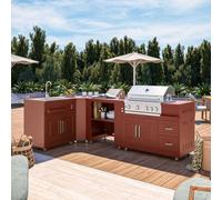 Cuisine d'extérieur angle 4 éléments avec évier et barbecue brique - Oviala Memphis