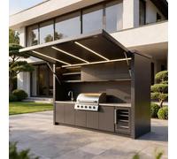 Cuisine extérieure préfabriquée multi-tailles, station de cuisson | Configuration flexible des appareils, dessus de levage hydraulique, armoires en acier résistant aux intempéries et compteur