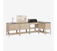 Cuisine Modulaire D'angle Extérieure 5 Pièces Avec Évier, Panneau Organisateur Et Barbecue À Charbon En Acier Savona Tapioca Beige