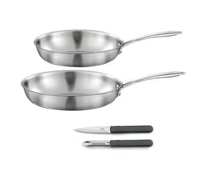 CUISINOX 2 poêles 24/28 cm triply + couteaux, Tous feux, Made In France | Set cuisson et coutellerie, Tous feux induction, Acier inox, Poignée fixe, Sans PFAS/PTFE/PFOA, Made in France