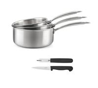 CUISINOX, 3 casseroles inox triply + couteaux, Tous feux, Made In France | Set cuisson et coutellerie, Tous feux induction, Acier inox, Poignée fixe, Sans PFAS/PTFE/PFOA, Made in France
