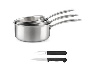 CUISINOX, 3 casseroles inox triply + couteaux, Tous feux, Made In France | Set cuisson et coutellerie, Tous feux induction, Acier inox, Poignée fixe, Sans PFAS/PTFE/PFOA, Made in France