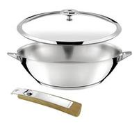 Cuisinox - Eclipse - Wok 28 cm tout inox - Fond encapsulé - Compatible tous feux dont induction - Acier Inoxydable 18/1 - Finition miroir - Poignée amovible effet bois