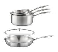 CUISINOX - Gourmet - 3 casseroles 16-18-2 cm, poêle 24 cm, couvercle 24 cm - Poignée fixe - Triply - Compatible tous feux - Acier inox 18/1 - Sans PFAS, PTFE, PFOA - Made in France