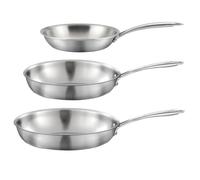 CUISINOX - Gourmet - 3 poêles tout inox 2-24-28 cm - Poignée fixe - Triply - Compatible tous feux - Acier Inox 18/1 - Finition Satinée - Sans PFAS, PTFE, PFOA - Made in France