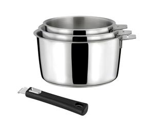 CUISINOX - Malice - 3 casseroles 16/18/2 cm (1.5L, 2L, 3L) tout inox avec poignée noire - Fond sandwich - Compatible tous feux - Acier Inoxydable 18/1 - Finition brillant - Poignée Amovible
