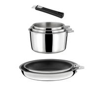 CUISINOX - Malice - Lot 6 pièces - 3 casseroles, 2 poêles revêtement céramique, 1 poignée noire - Fond sandwich - Compatible tous feux - Acier Inoxydable 18/1 - Finition brillant - Poignée Amovible