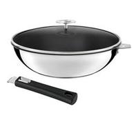 CUISINOX - Malice - Wok 28 cm avec revêtement céramique, couvercle et poignée noire - Fond sandwich - Compatible tous feux dont induction - Acier Inox 18/1 - Finition brillant - Poignée Amovible