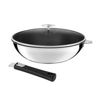 CUISINOX - Malice - Wok 28 cm avec revêtement céramique, couvercle et poignée noire - Fond sandwich - Compatible tous feux dont induction - Acier Inox 18/1 - Finition brillant - Poignée Amovible