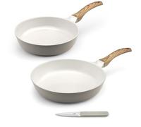 CUISINOX Mythic 2 poêles 24/28 cm céramique blanche + office, Tous feux | Set cuisson et coutellerie (poêle 24/28 cm, office), Céramique blanche, Poignée Soft Touch bois, Sans PFOA/PFAS