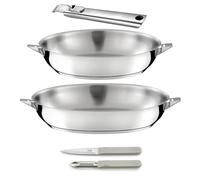 CUISINOX Set 2 poêles 24/28 cm Inox + poignée + Couteaux, Tous feux | Set cuisson et coutellerie (poêles 24/28 cm inox, éplucheur, office), Poignée amovible, Tous feux induction