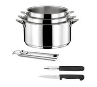 CUISINOX Set 3 casseroles 16/18/20 cm + poignée + Couteaux, Tous feux | Set cuisson et coutellerie (casseroles 16/18/20 cm, éplucheur, office), Fond encapsulé, Tous feux induction