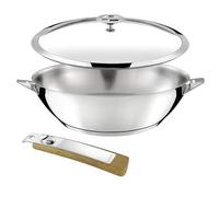 Cuisinox Wok inox 28 cm + poignée effet bois, Tous feux dont induction | Wok 28 cm tout inox, Fond encapsulé induction, Acier inox 18/10, Finition miroir, Poignée amovible effet bois