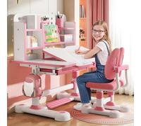 cukoekim Bureau pour enfant réglable en hauteur avec chaise ergonomique, avec étagère à livres, tiroir et plateau inclinable à 50 °, rose