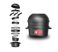 CuliStack® Ultimate Batterie de cuisine 16 pièces, empilable, gain de place, allant au four, poignée amovible, compatible induction, sans PFAS, antiadhésive, couvercle avec fonction écoulement, noir