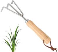 Cultivateur manuel à 3 griffes en acier inoxydable avec manche en bois | Design à trois dents, longueur de 27 cm, houe, poignée robuste, outil à main