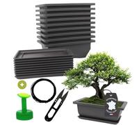 Cultivea® - Lot de 10 Pots pour Bonsai avec Soucoupe - Kit Complet pour Culture et Entretien : Pots en Plastique avec Fil Bonsai, Sécateur, Bouchon Arrosoir et Drainage Intégré G