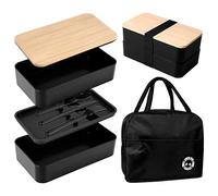 Cupimatch Boîte Bento Lunch Box Noir 2 Étages à Compartiments Avec Couverts et Petit Sac Isotherme Lunch Box Isotherme Pratique Pour Repas au Travail/Pique-nique