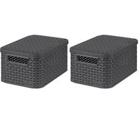 Curver Boîte de Rangement Style 30L - Aspect Rotin Texturé - Pour Chambre, Salon, Salle de Bain, Buanderie - 44,5x33x24,8 cm - Anthracite - 70% Recyclé (Lot de 2)
