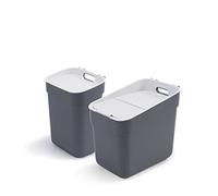 Curver Lot de 2 poubelles de recyclage Ready to Collect 10 + 20 l, avec support mural ou porte, idéal pour cuisine ou salle de bain, 100% recy ouvercle et anneau pour sac, couleur grise