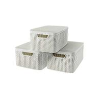 Curver Lot de 3 Boîtes avec Couvercle - 3 Caisses (3 * 18L) avec Un Design Rotin Tressé pour Salle de Bain, Chambre, Bureau - Poignées Ergonomiques - Blanc