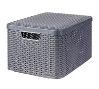 Curver Lot de 3 Boîtes avec Couvercle - 3 Caisses (3 * 30L) avec Un Design Rotin Tressé pour Salle de Bain, Chambre, Bureau - Poignées Ergonomiques - Gris foncé