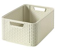 Curver Panière de Rangement 18L en avec un Design Rotin Tressé pour Salle de Bain, Chambre, Bureau - Poignées Ergonomiques - Ivoire