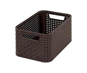 Curver Panière de Rangement 6L en avec Un Design Rotin Tressé pour Salle de Bain, Chambre, Bureau - Poignées Ergonomiques - Marron Foncé