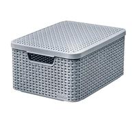 Curver Rattan Style Boîte de rangement avec couvercle 18 l, panier de rangement, en plastique, fabriquée en matériau recy au moins 70 % (gris clair, M : 38,6 x 28,7 x 17 cm)