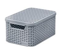 Curver Rattan Style Boîte de rangement avec couvercle, panier de rangement, en plastique, fabriquée en matériau recy au moins 70 % (gris clair, S : 28,5 x 19,4 x 13 cm)