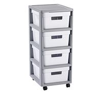 CURVER | Tour de rangement Infinity (4x11L), Structure Gris / Tiroirs Blanc, 36 x 29,5 x 65,5 cm, Plastique recyclé