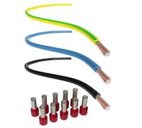 CusoTec Ensemble de câble de câblage 10mm² Conducteur unique Câble de pont de câblage pour compteur noir 3m - bleu 1m - vert jaune 1m + 10 manchons de terminaison de conducteur (Ensemble 10mm²)