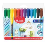 Custom - Marqueur Permanent Fin Pochette De 12 - Couleurs Assorities - Pointe Fine 2mm - Multi Surface