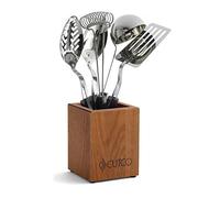 CUTCO Modèle 1718 Ensemble de 5 ustensiles de cuisine avec support en chêne cerisier........Comprend une spatule ajourée #1716, une cuillère à badigeonner #1712, une cuillère à fente #1713, une