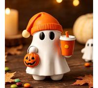 Cute Halloween Ghost Figurine With Pumpkin Bucket And Orange Drink Ornament | Ghost Drinking Coffee Figurine, Résine Décorations Terrasses Effrayantes Pour Maison, Bureau, Bibliothèque Ou Table, Cadeau