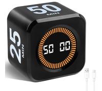 Cuteefun Cube Visual Timer, Minuteur Pomodoro à Rotation, 5/10/25/50 Minutes et Compte à Rebours Personnalisé, Mode Silencieux et Sonnerie, Minuteur Rechargeable pour Cuisine, L'étude, Noir