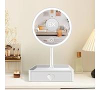 Cuteefun Miroir sur Pied Maquillage, Miroir Grossissant 5X, Blanc Tiroir | 3 Couleurs de Lumière, Luminosité Réglable, Rechargeable par USB, Idéal pour Chambre à Coucher, Coiffeuse, Salle de Bain